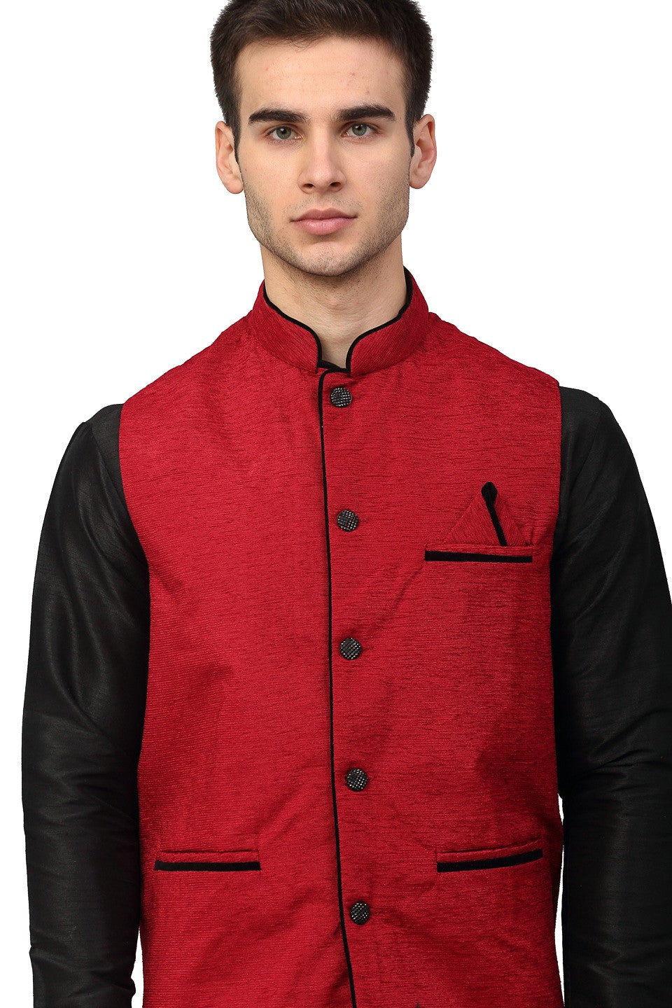 Jompers Men Black Dupion Silk Kurta with Chudidar & Nehru Jacket (Red)