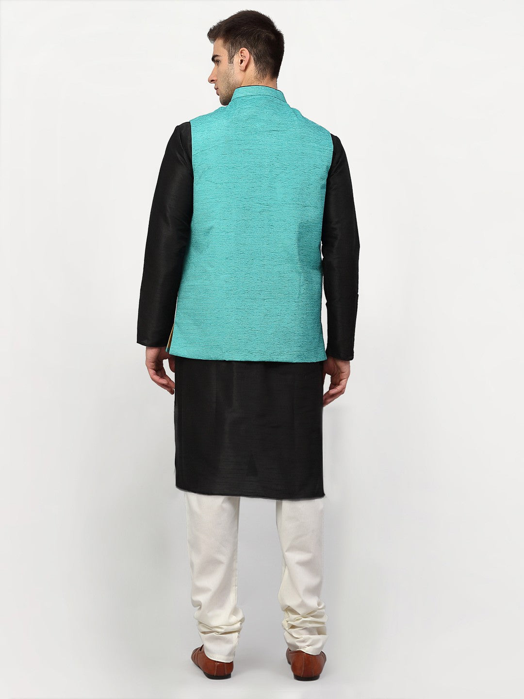 Jompers Men's Black Dupion Silk Kurta with Churidar & Nehru Jacket ( Sky )