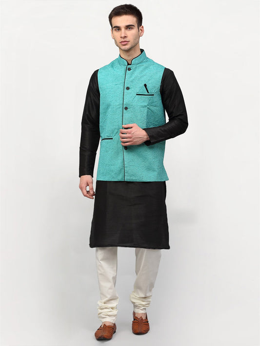 Jompers Men's Black Dupion Silk Kurta with Churidar & Nehru Jacket ( Sky )