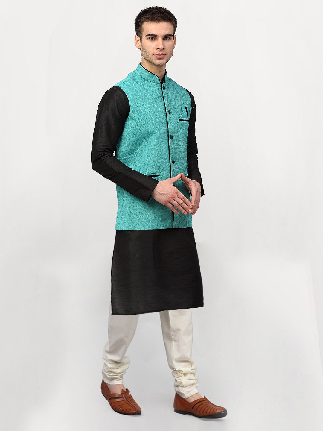 Jompers Men's Black Dupion Silk Kurta with Churidar & Nehru Jacket ( Sky )