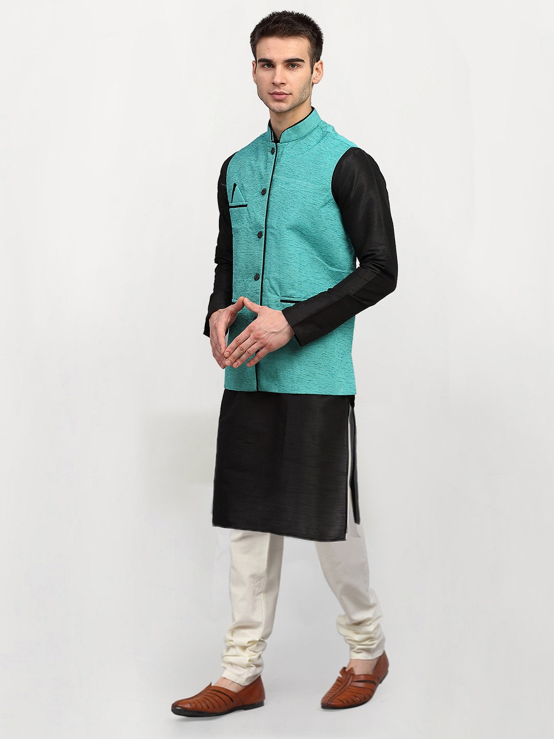 Jompers Men's Black Dupion Silk Kurta with Churidar & Nehru Jacket ( Sky )