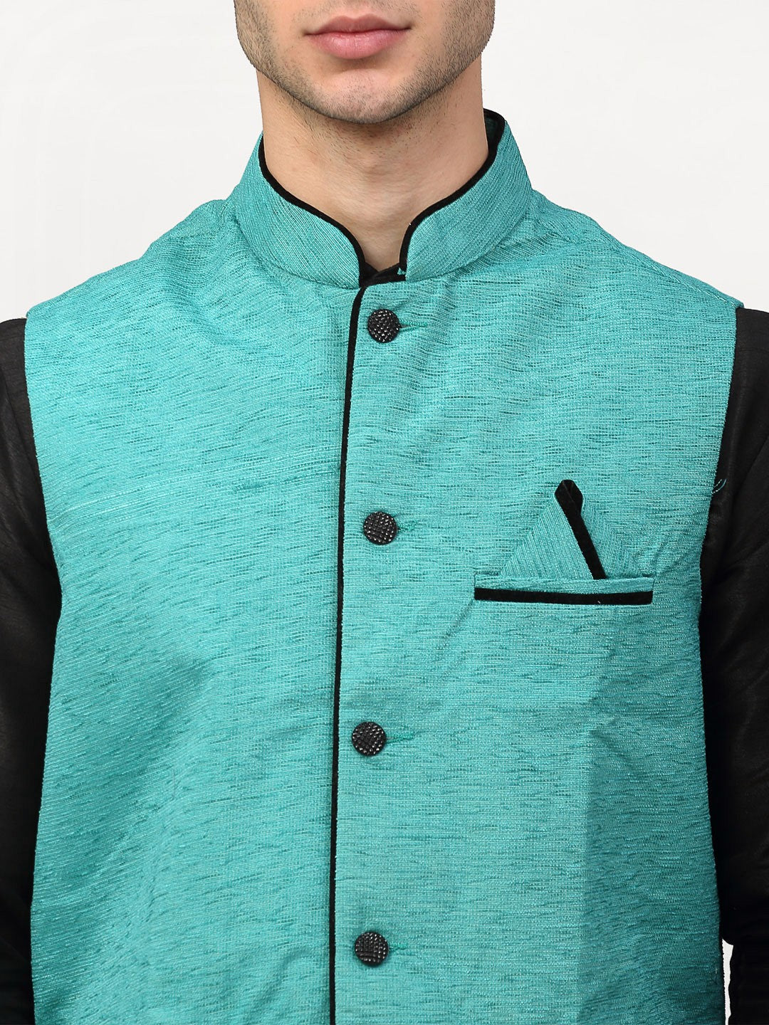 Jompers Men's Black Dupion Silk Kurta with Churidar & Nehru Jacket ( Sky )