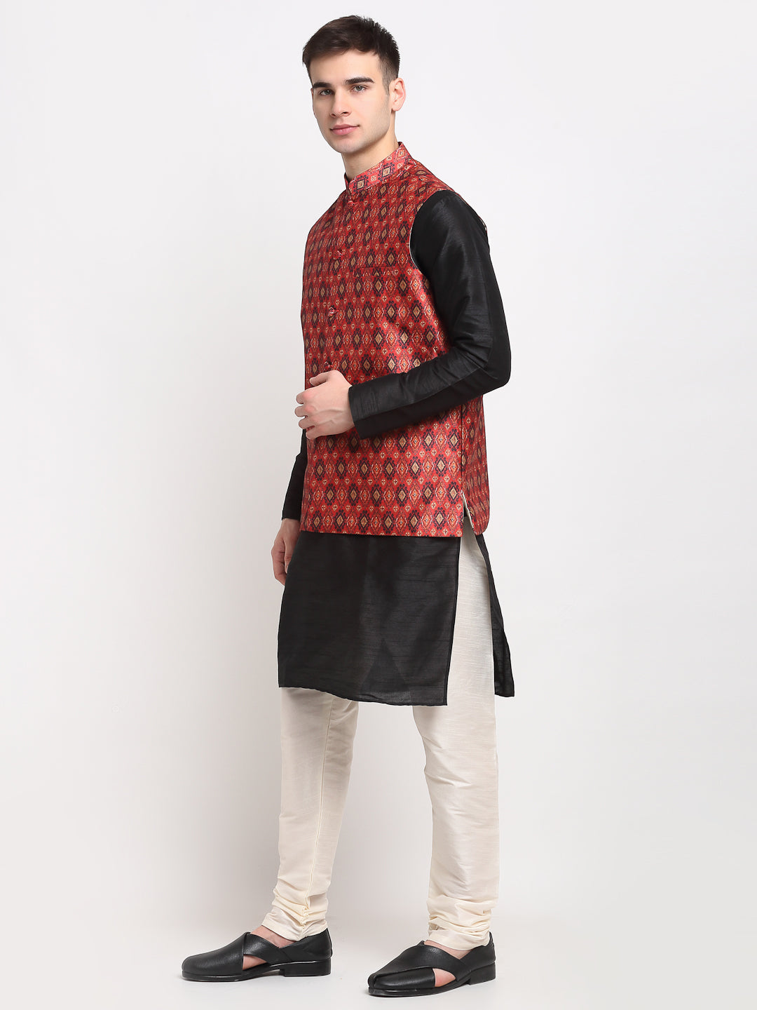 Jompers Men's Black Dupion Silk Kurta with Churidar & Nehru Jacket ( Red )