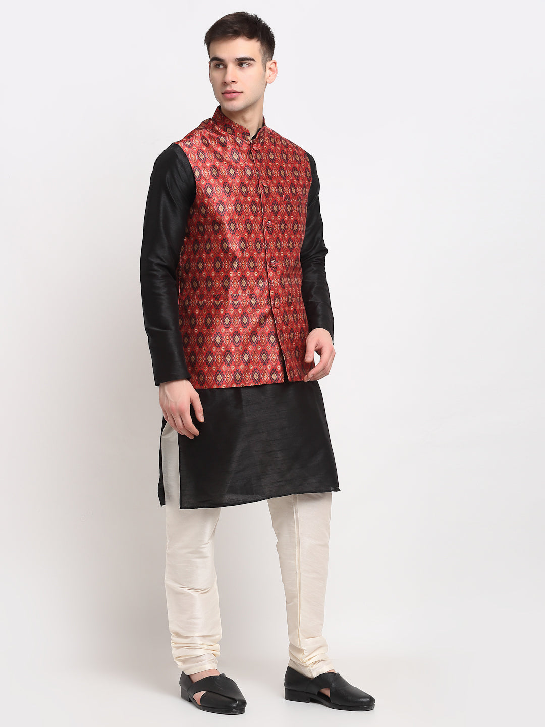 Jompers Men's Black Dupion Silk Kurta with Churidar & Nehru Jacket ( Red )