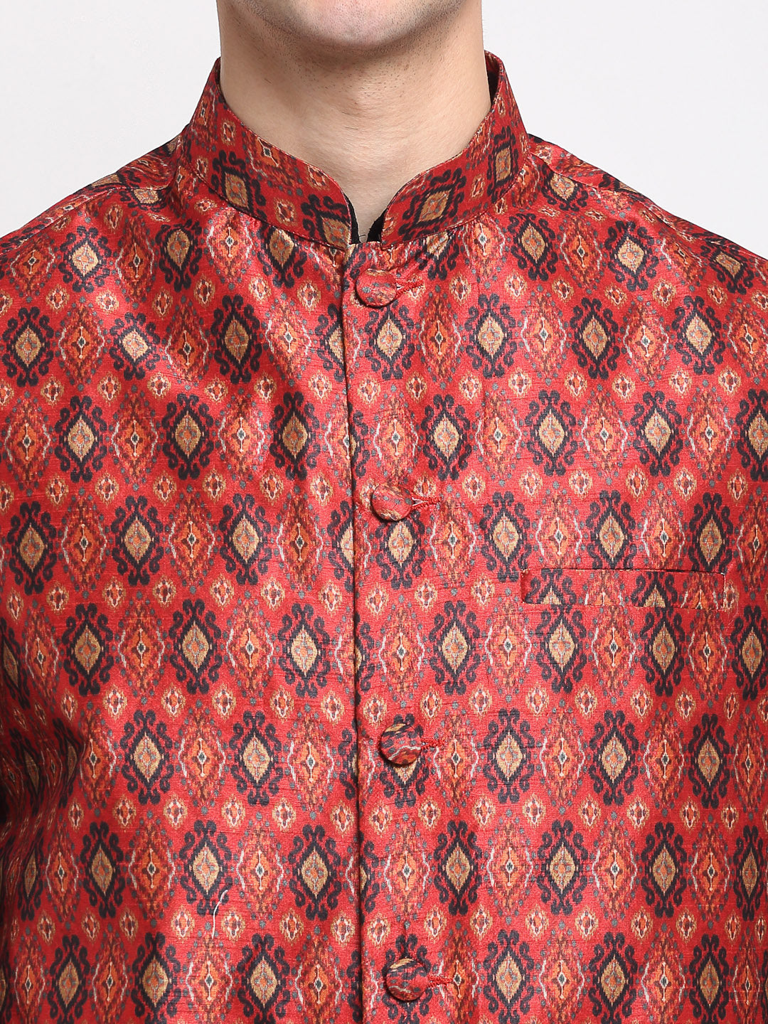 Jompers Men's Black Dupion Silk Kurta with Churidar & Nehru Jacket ( Red )