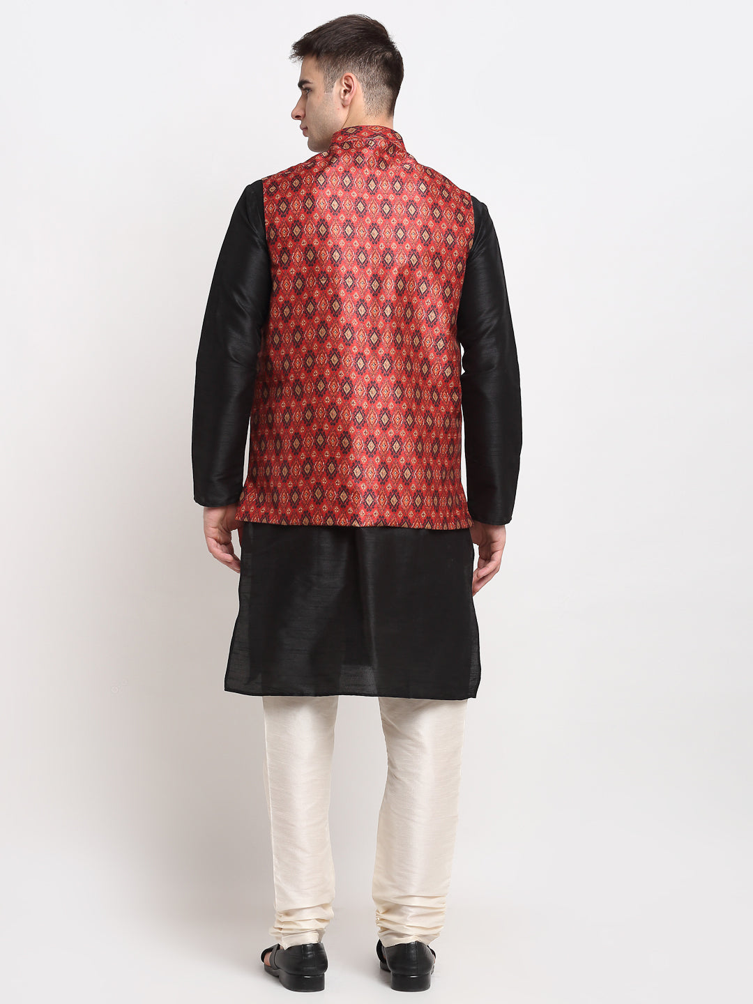 Jompers Men's Black Dupion Silk Kurta with Churidar & Nehru Jacket ( Red )