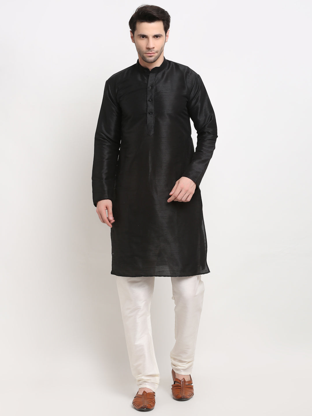 Jompers Men's Black Dupion Silk Kurta with Churidar And Nehru Jacket (Green )