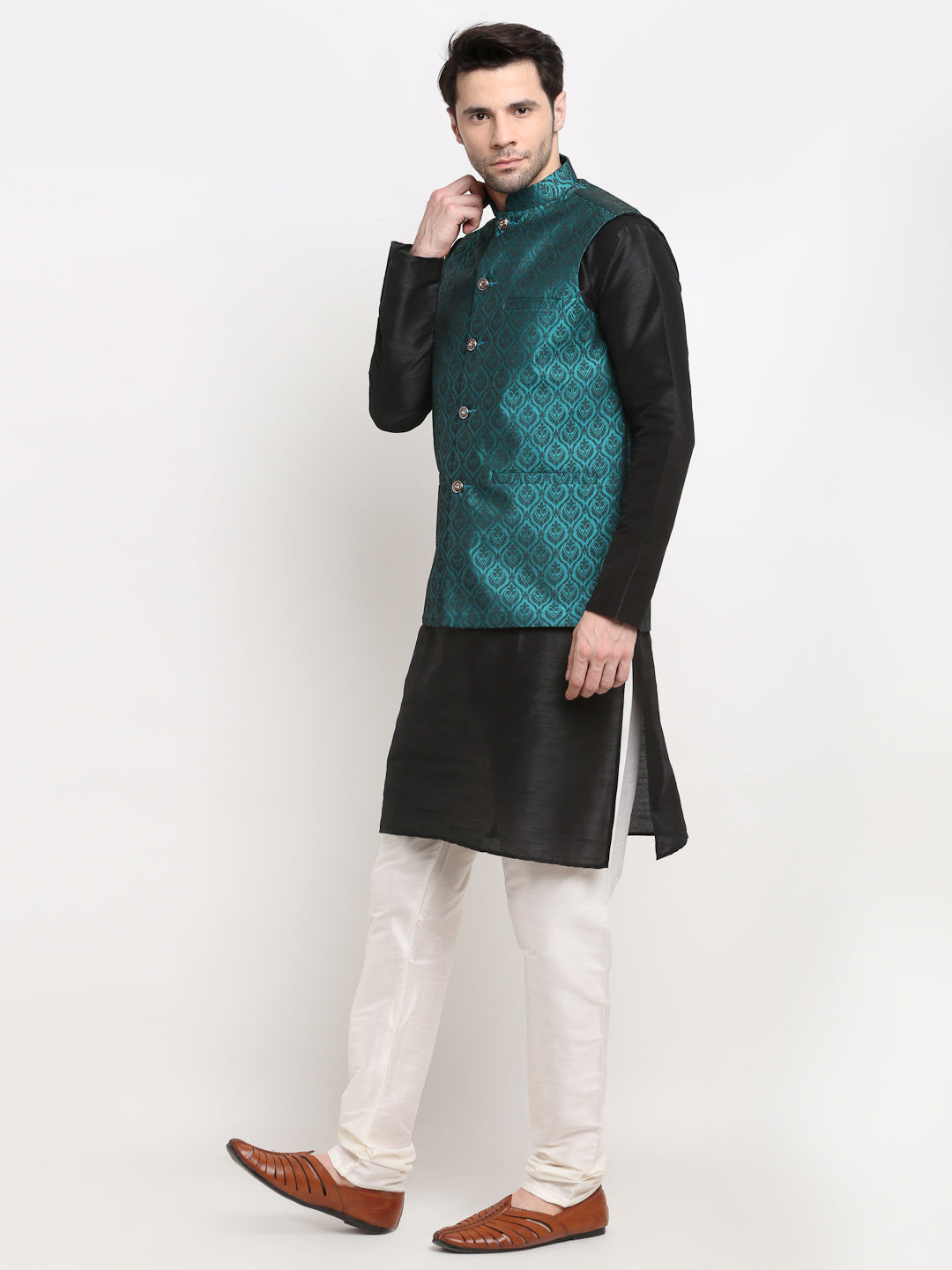 Jompers Men's Black Dupion Silk Kurta with Churidar And Nehru Jacket (Green )