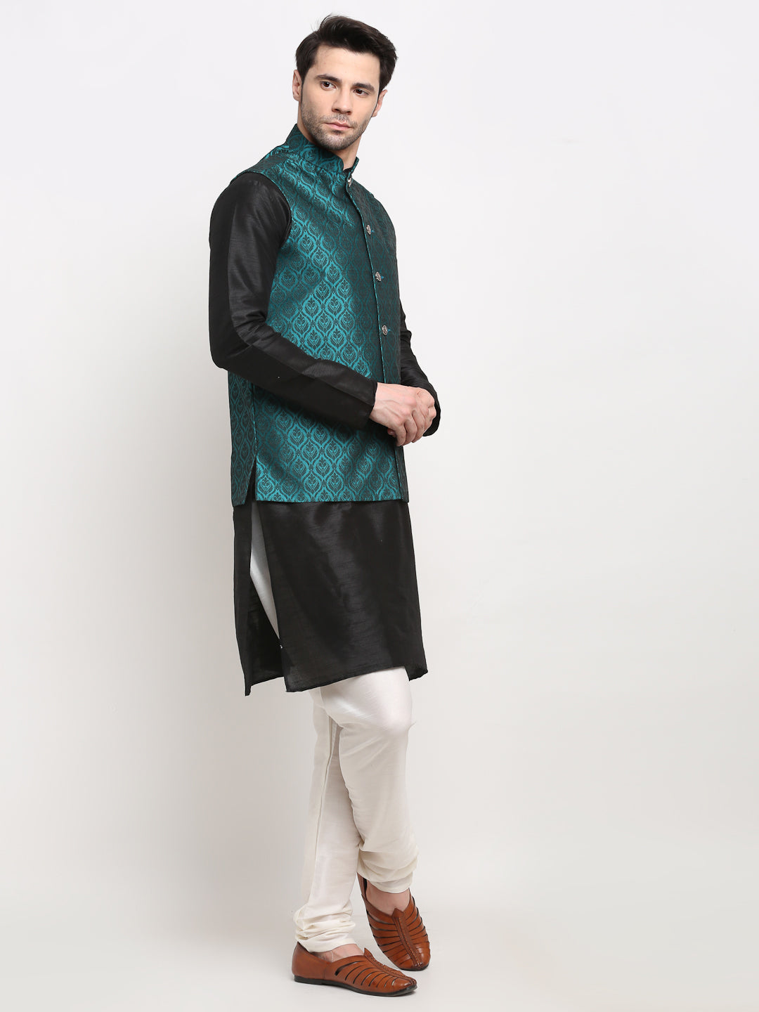 Jompers Men's Black Dupion Silk Kurta with Churidar And Nehru Jacket (Green )