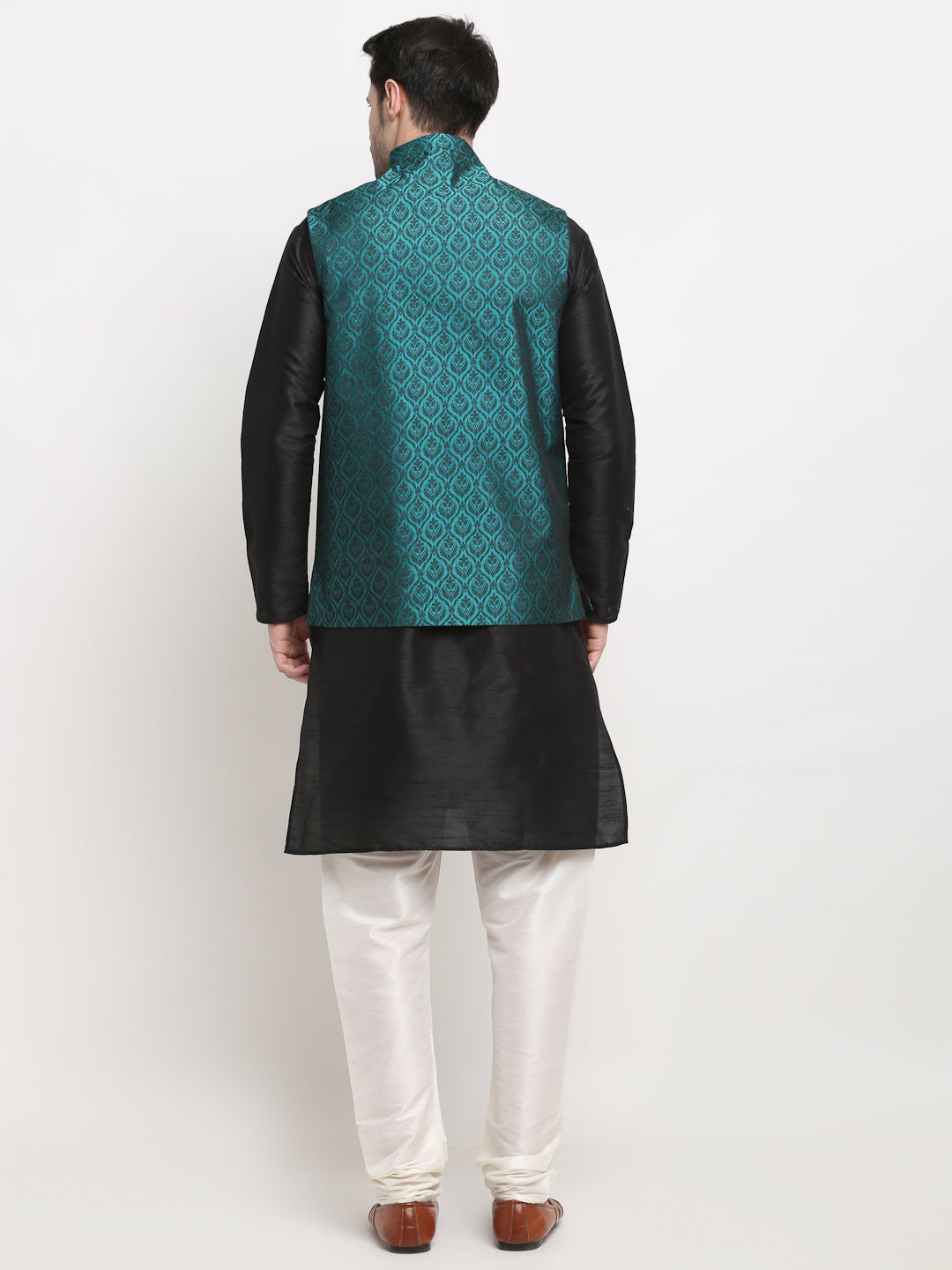 Jompers Men's Black Dupion Silk Kurta with Churidar And Nehru Jacket (Green )