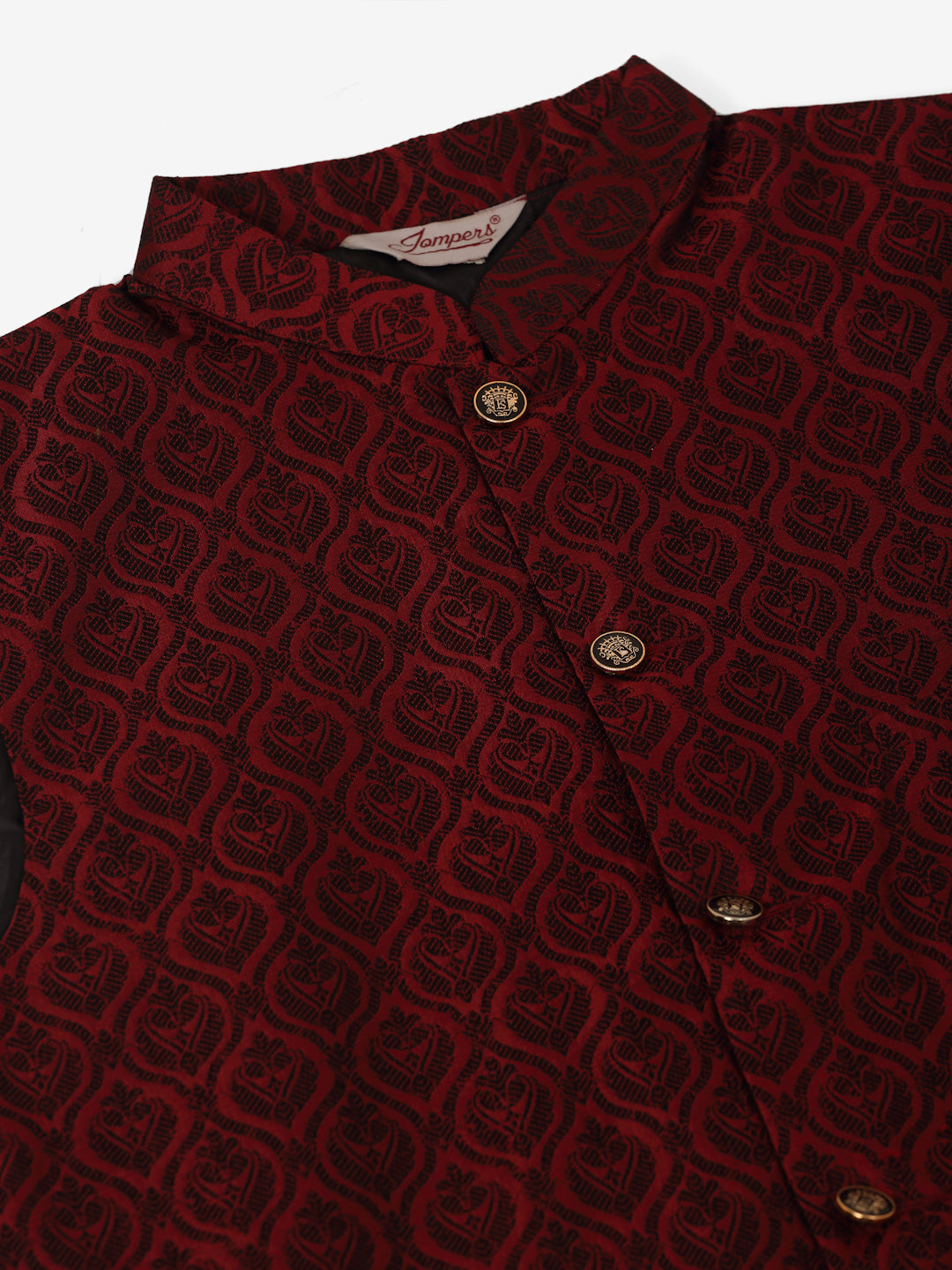 Jompers Men's Woven Design Nehru Jacket and Kurta Pyjama Set - Maroon