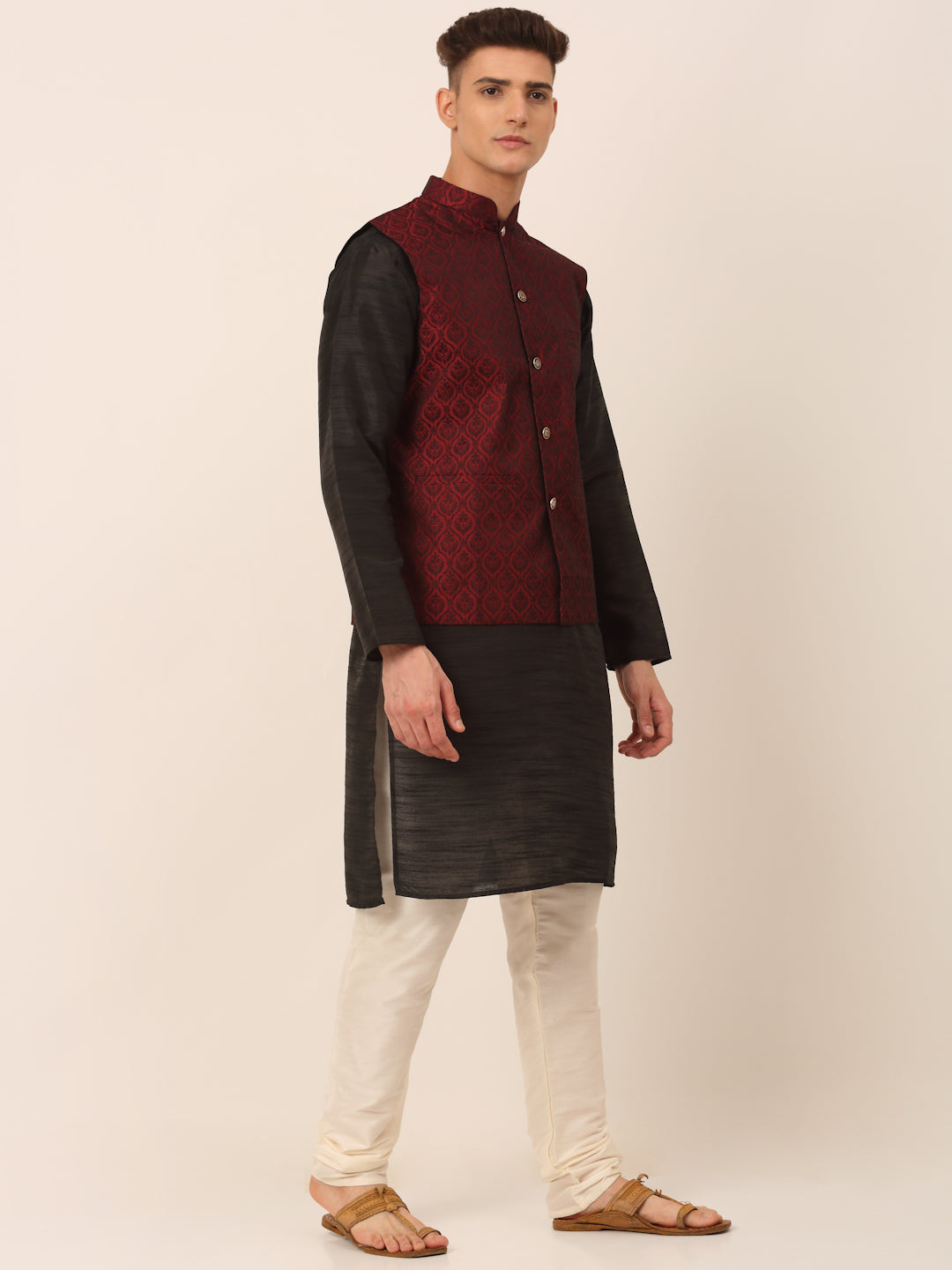 Jompers Men's Woven Design Nehru Jacket and Kurta Pyjama Set - Maroon