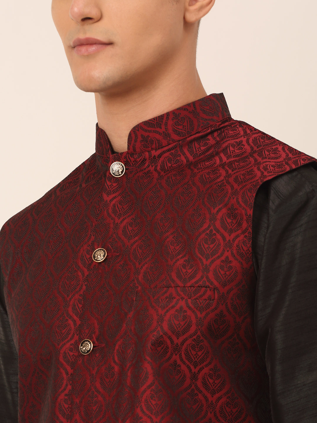Jompers Men's Woven Design Nehru Jacket and Kurta Pyjama Set - Maroon