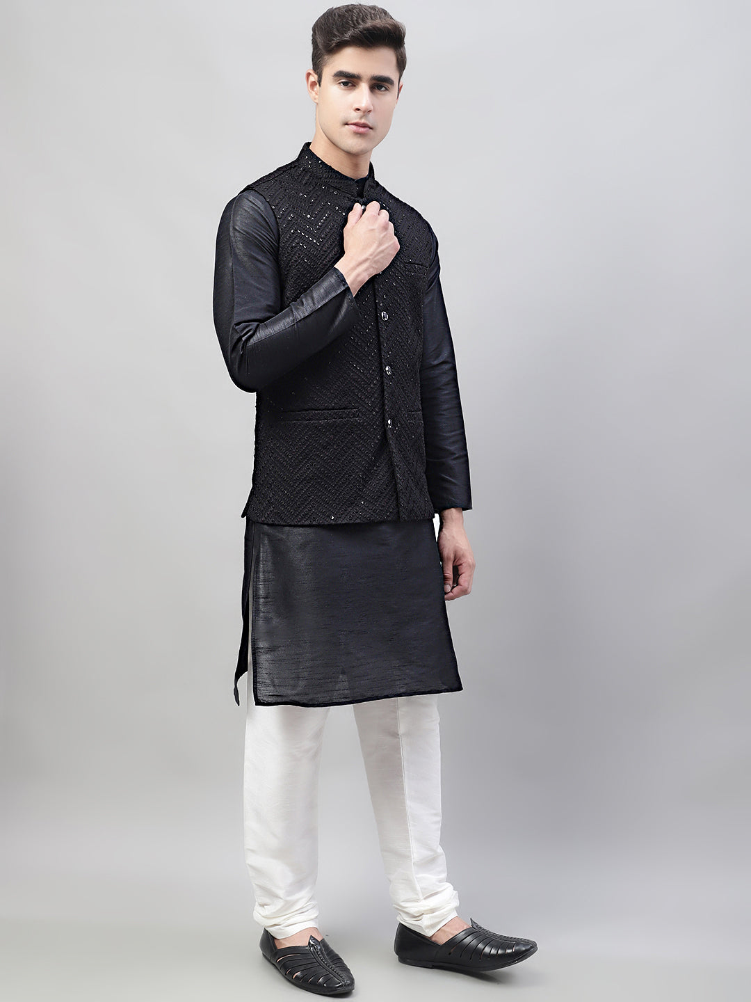 Jompers Men's Black Solid Kurta Pyjama with Black Embroidered Nehru Jacket