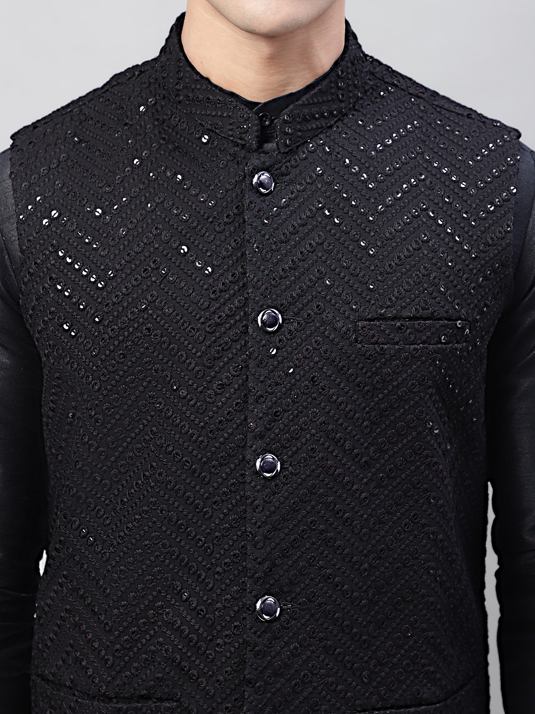Jompers Men's Black Solid Kurta Pyjama with Black Embroidered Nehru Jacket