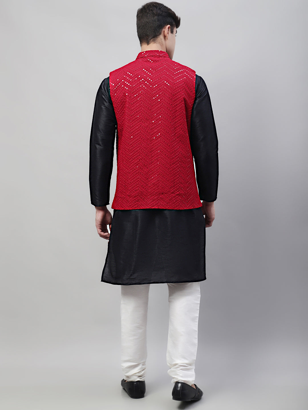 Jompers Men's Black Solid Kurta Pyjama with Maroon Embroidered Nehru Jacket