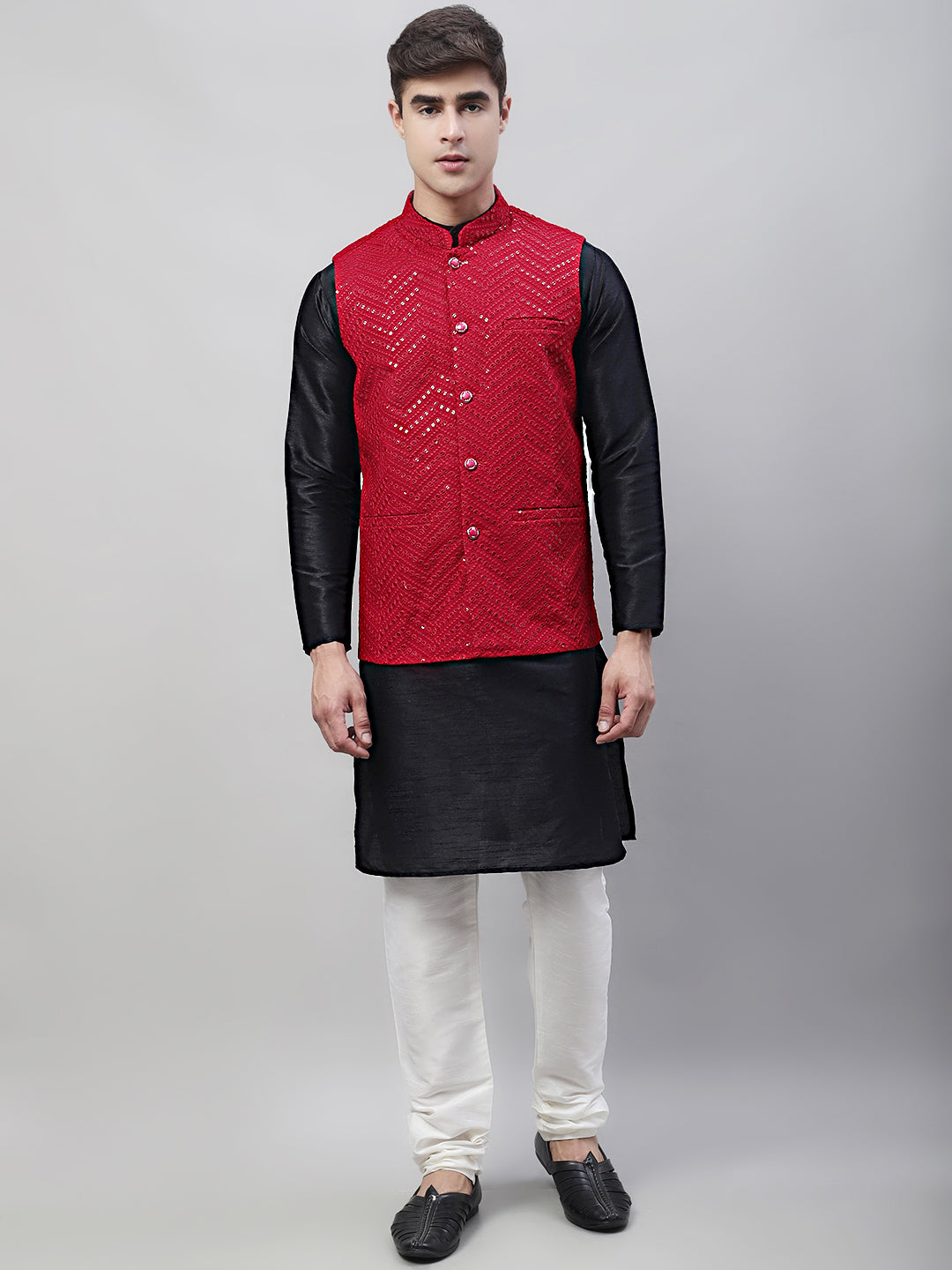 Jompers Men's Black Solid Kurta Pyjama with Maroon Embroidered Nehru Jacket