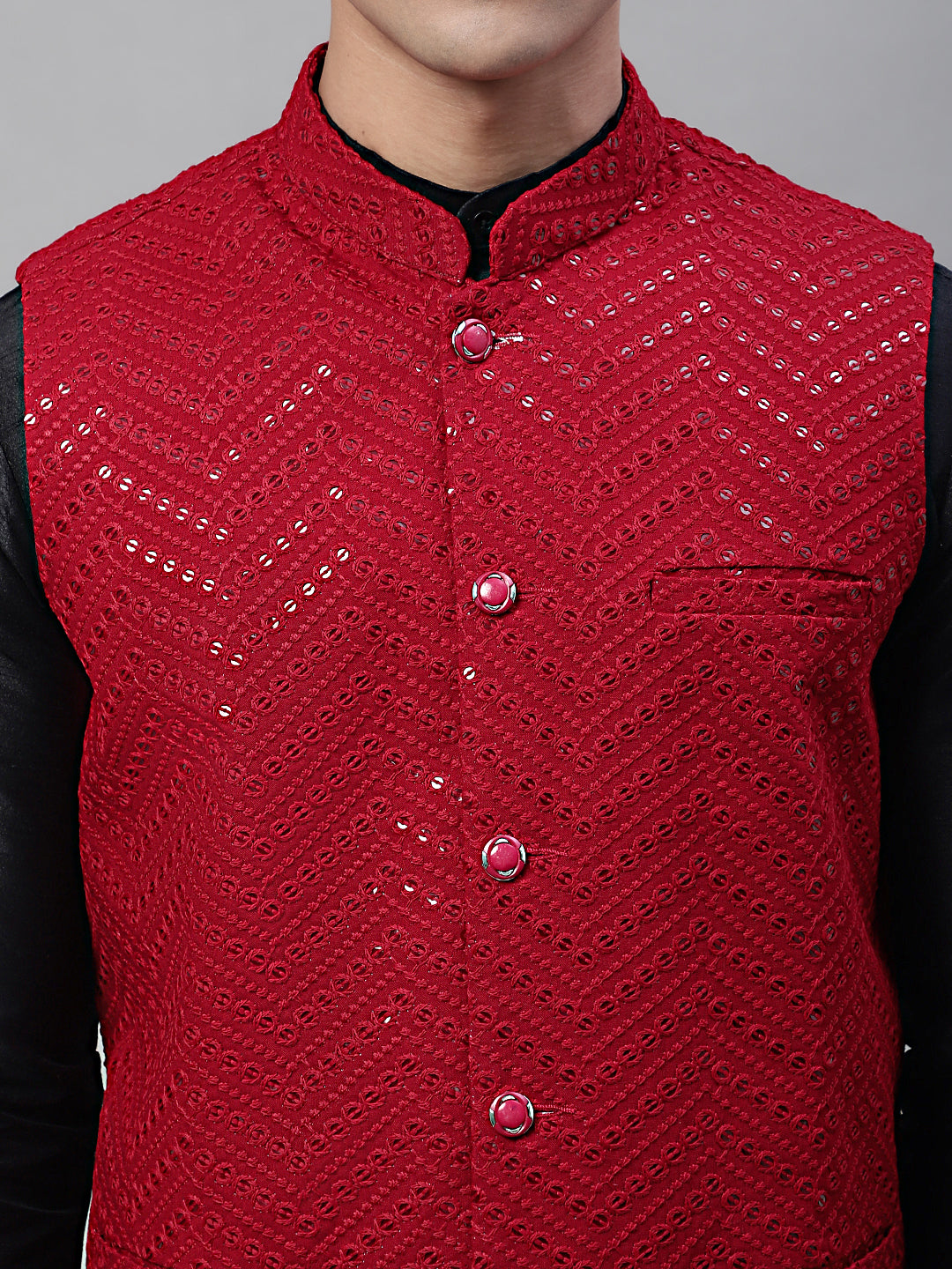 Jompers Men's Black Solid Kurta Pyjama with Maroon Embroidered Nehru Jacket