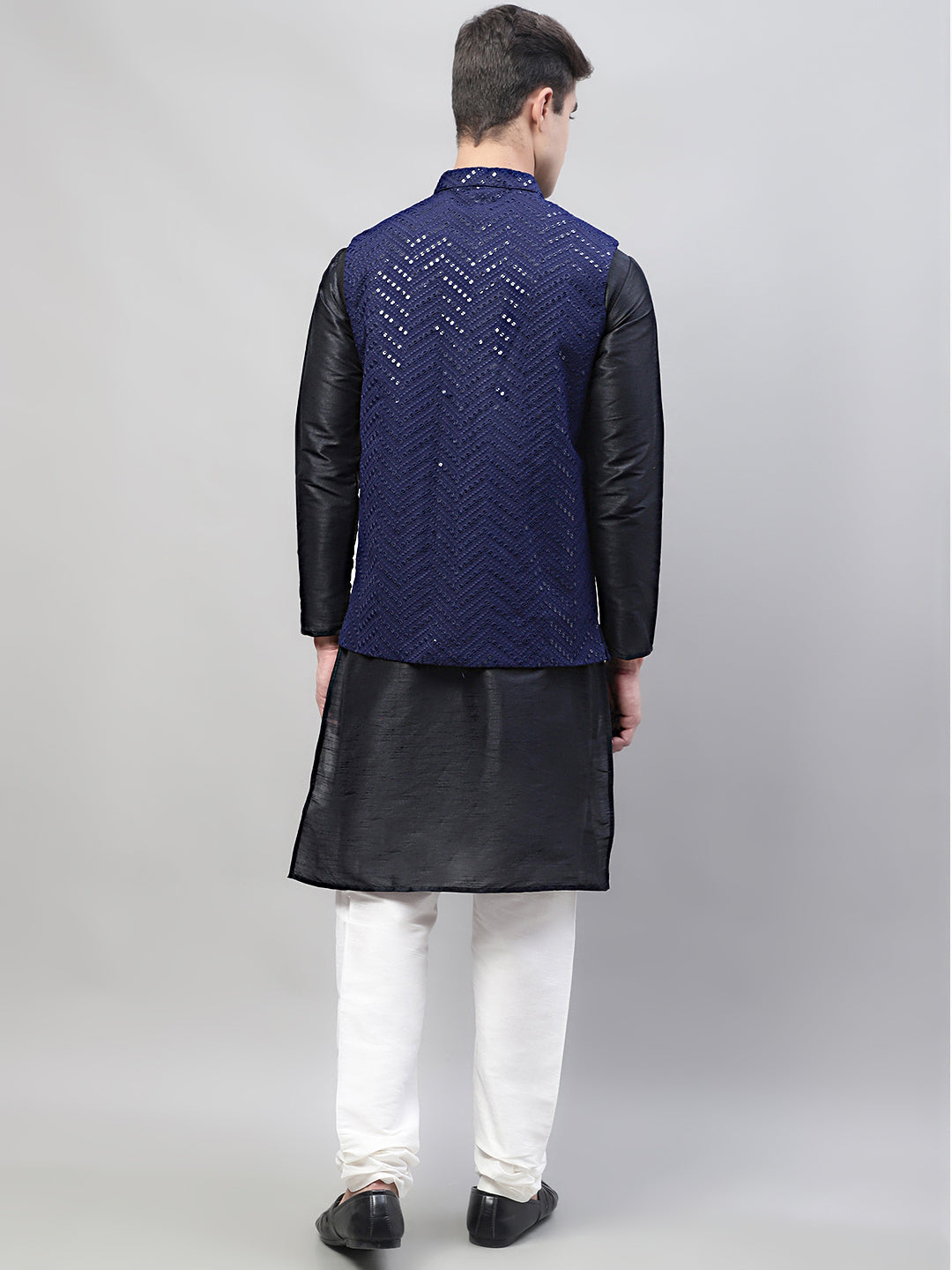 Jompers Men's Black Solid Kurta Pyjama with Navy Blue Embroidered Nehru Jacket