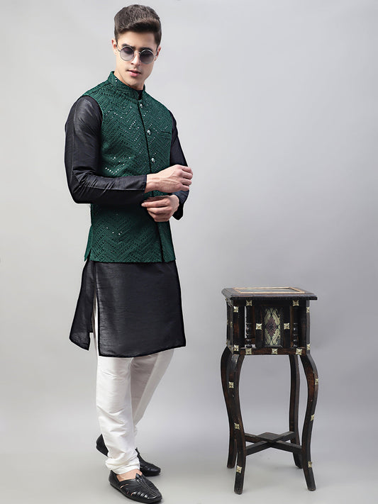 Jompers Men's Black Solid Kurta Pyjama with Olive Green Embroidered Nehru Jacket