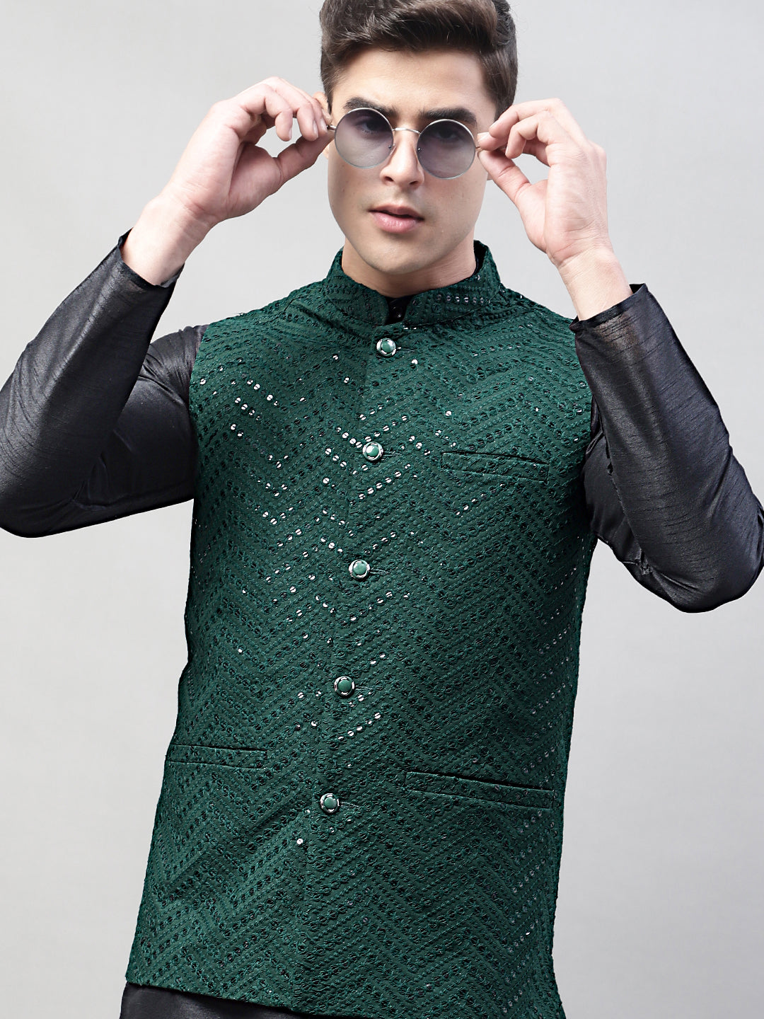 Jompers Men's Black Solid Kurta Pyjama with Olive Green Embroidered Nehru Jacket