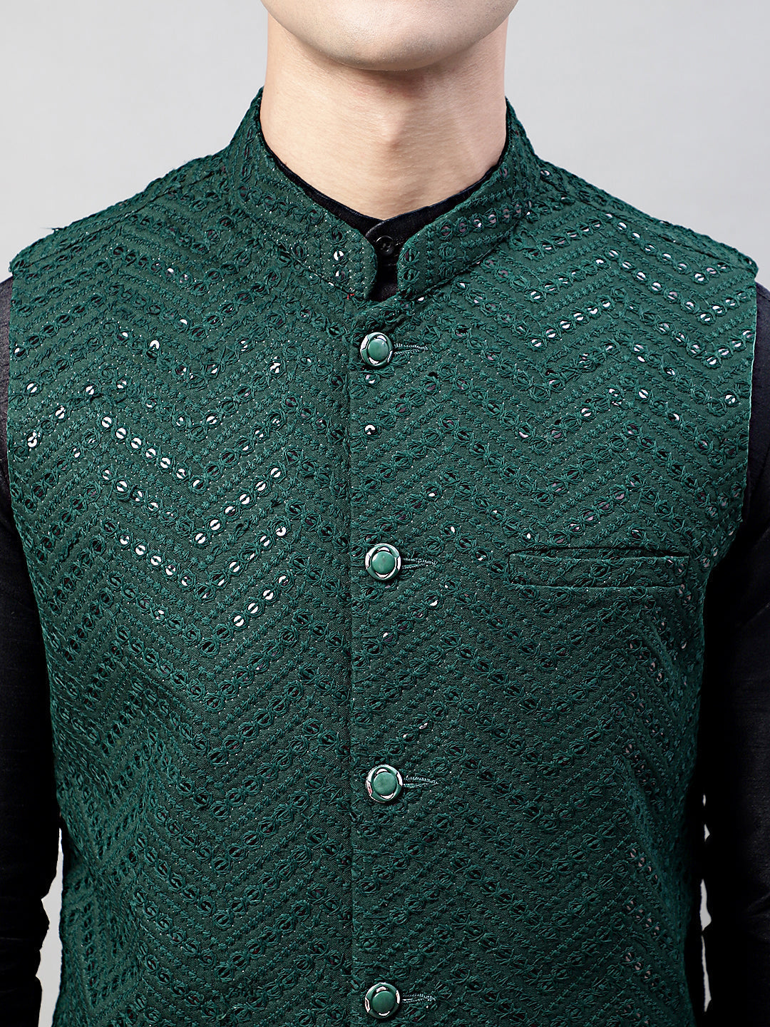 Jompers Men's Black Solid Kurta Pyjama with Olive Green Embroidered Nehru Jacket