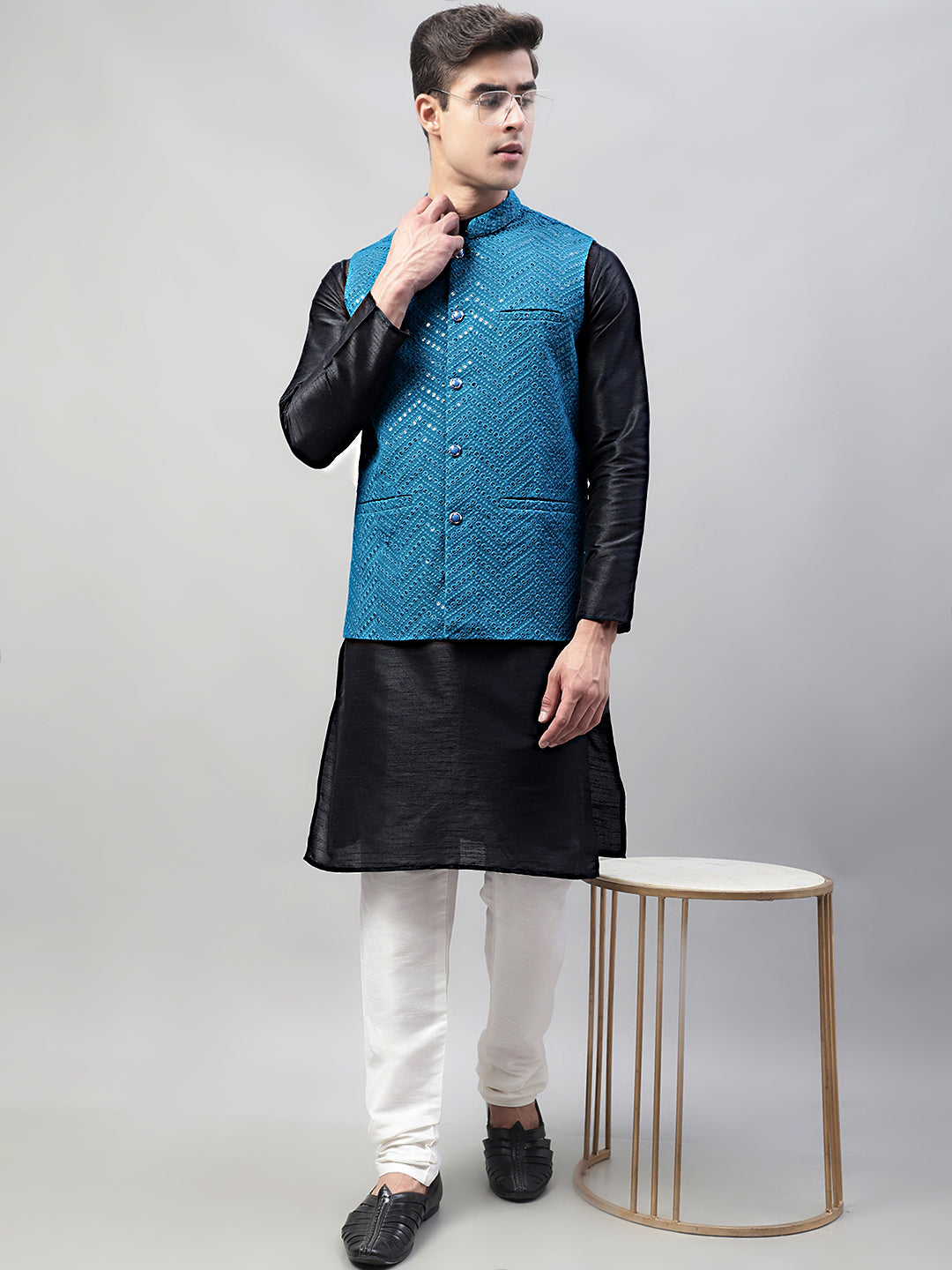 Jompers Men's Black Solid Kurta Pyjama with Blue Embroidered Nehru Jacket