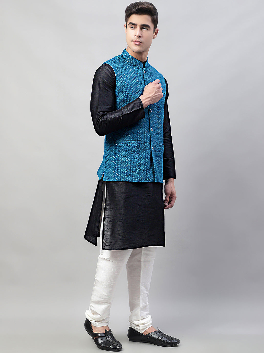 Jompers Men's Black Solid Kurta Pyjama with Blue Embroidered Nehru Jacket