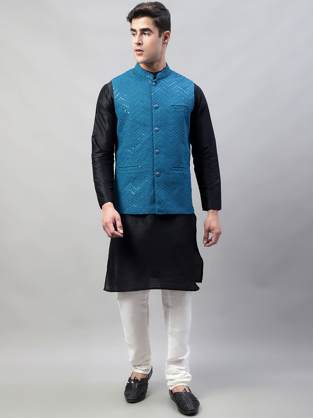 Jompers Men's Black Solid Kurta Pyjama with Blue Embroidered Nehru Jacket