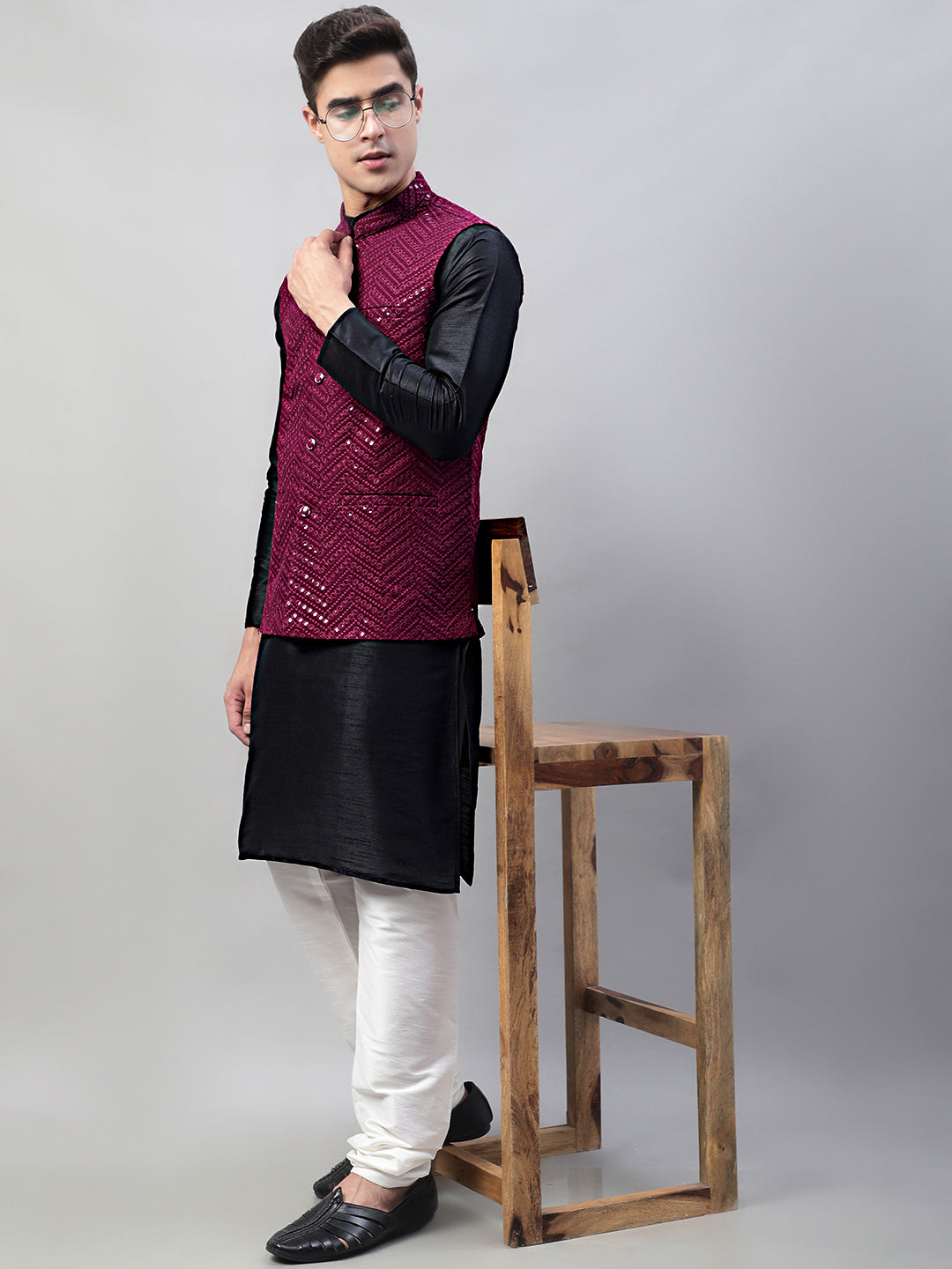 Jompers Men's Black Solid Kurta Pyjama with Purple Embroidered Nehru Jacket