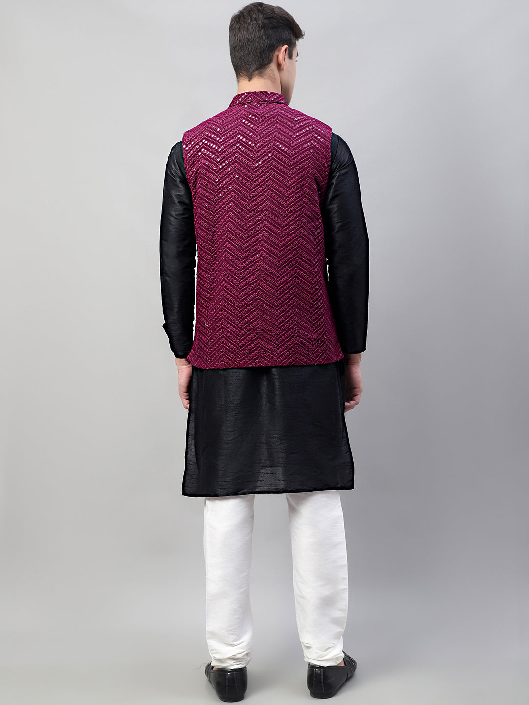 Jompers Men's Black Solid Kurta Pyjama with Purple Embroidered Nehru Jacket