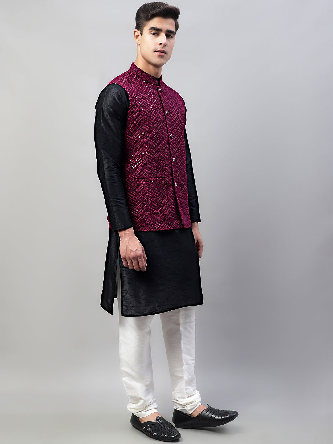 Jompers Men's Black Solid Kurta Pyjama with Purple Embroidered Nehru Jacket