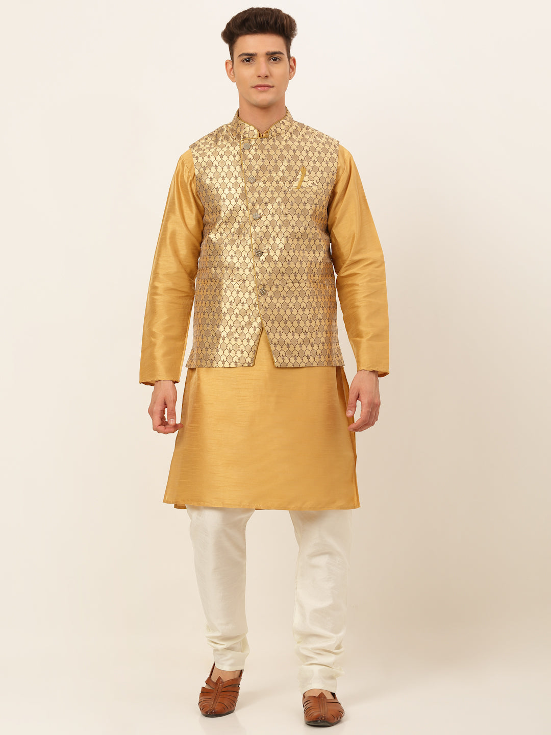 Jompers Men's Solid Kurta Pyjama With Nehru Jacket - DGolden