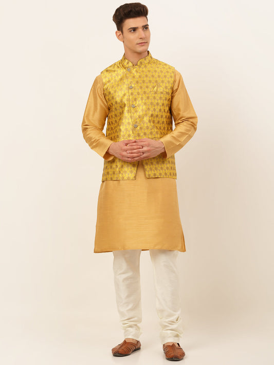 Jompers Men's Solid Kurta Pyjama With Nehru Jacket - DMustard