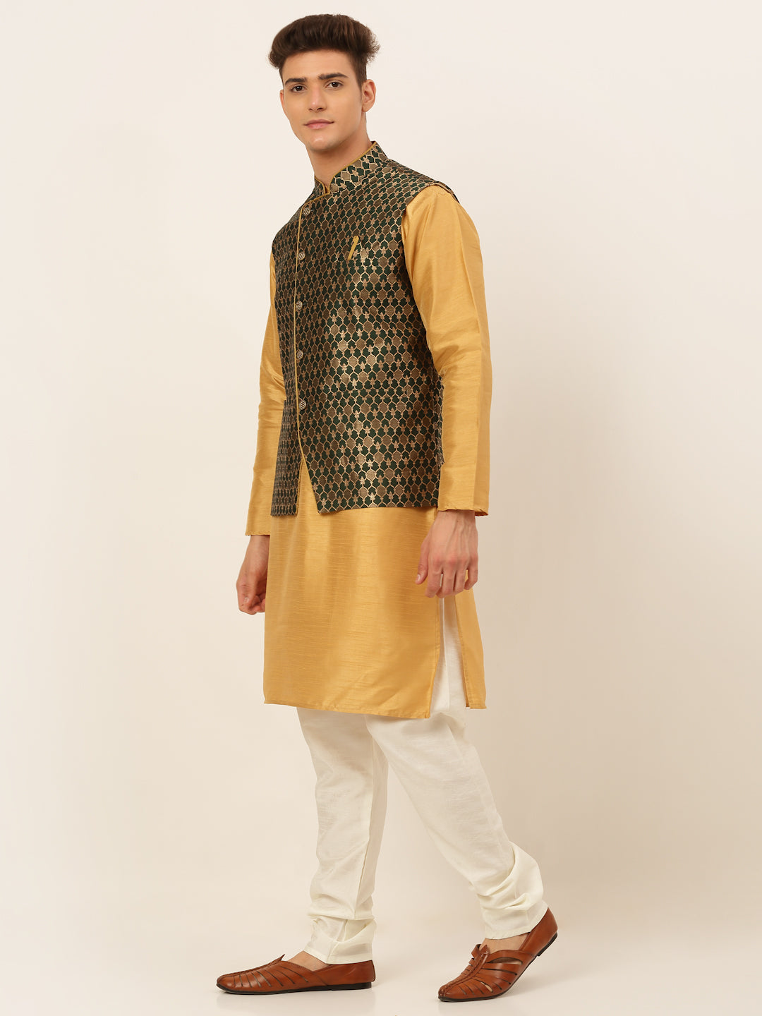 Jompers Men's Solid Kurta Pyjama With Nehru Jacket - DOlive