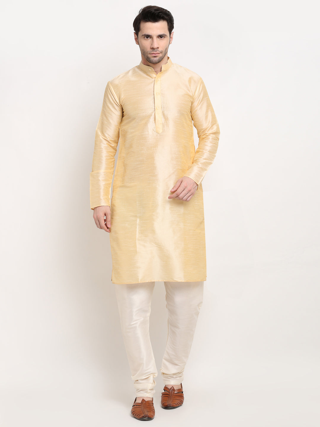 Jompers Men's Golden Dupion Silk Kurta with Churidar & Nehru Jacket ( Black )