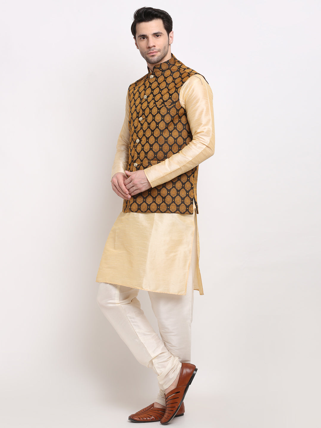 Jompers Men's Golden Dupion Silk Kurta with Churidar & Nehru Jacket ( Black )