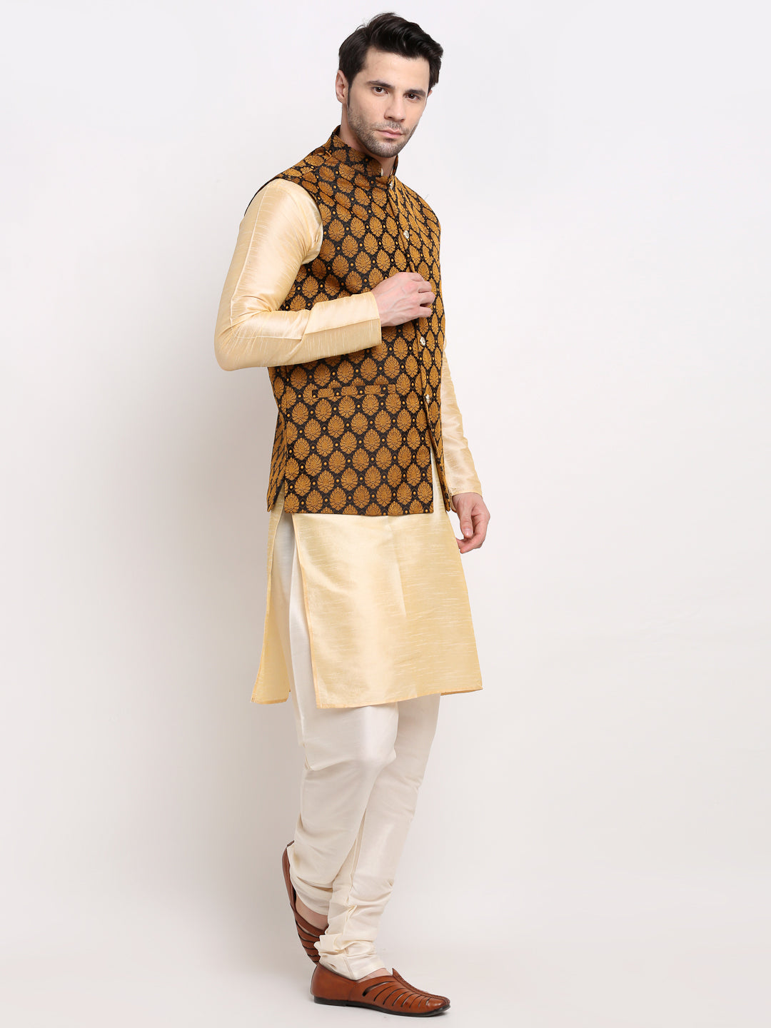 Jompers Men's Golden Dupion Silk Kurta with Churidar & Nehru Jacket ( Black )