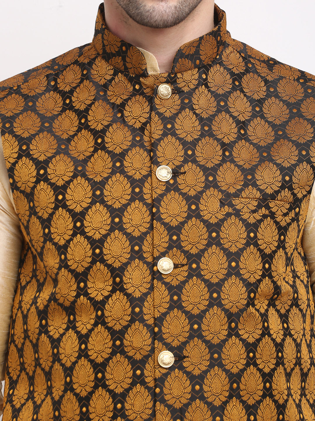 Jompers Men's Golden Dupion Silk Kurta with Churidar & Nehru Jacket ( Black )