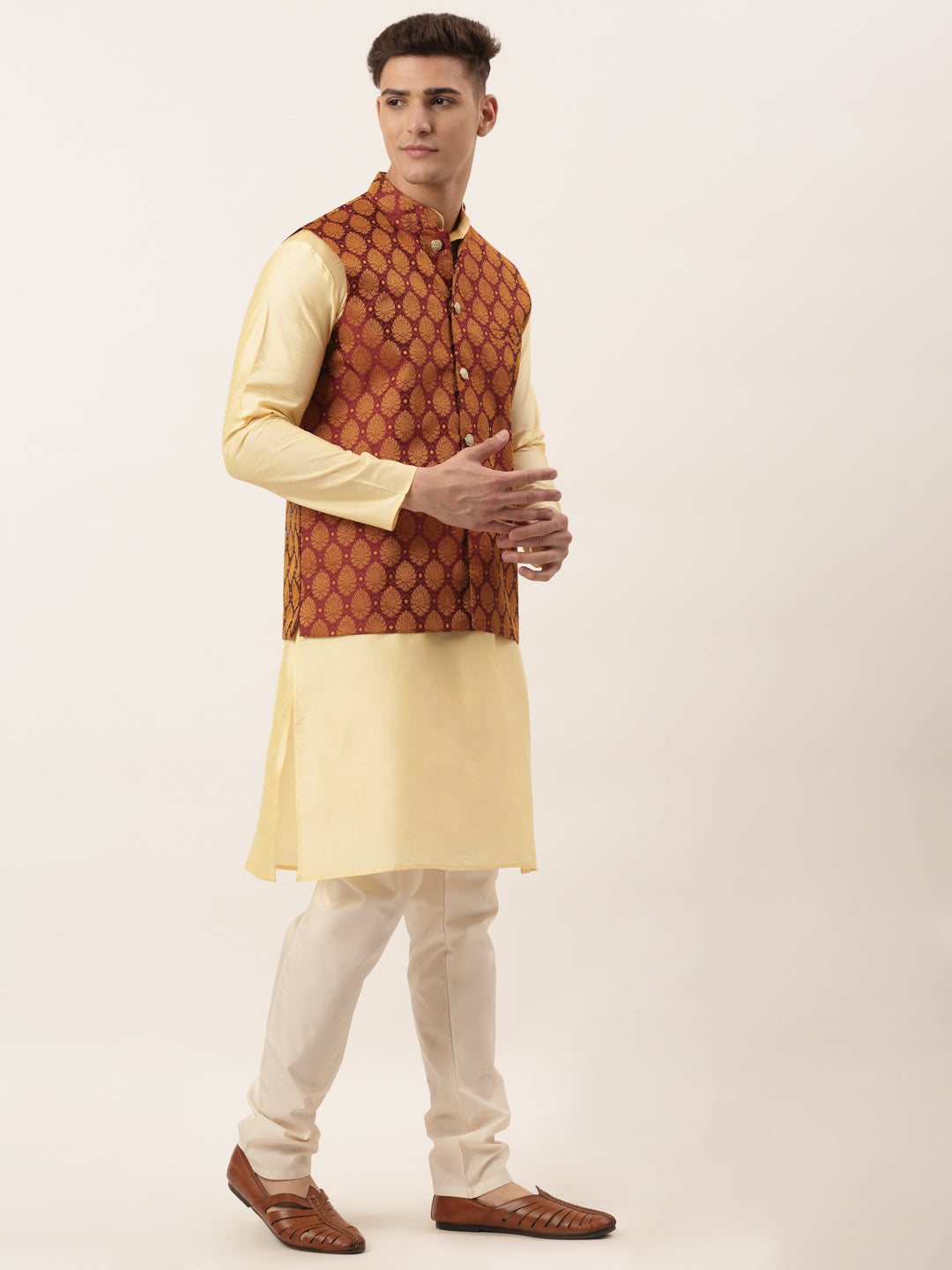 Jompers Men's Woven Design Nehru Jacket and Kurta Pyjama Set - Maroon