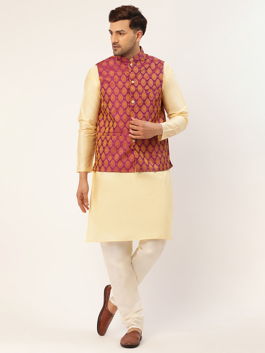 Jompers Men's Woven Design Nehru Jacket and Kurta Pyjama Set - Pink