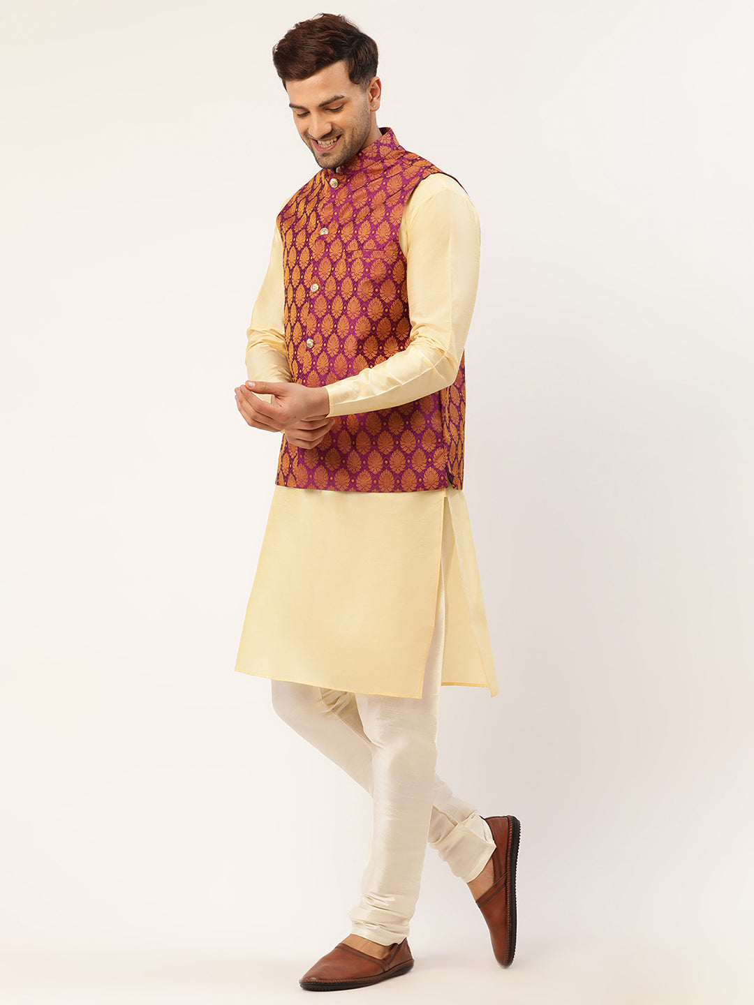 Jompers Men's Woven Design Nehru Jacket and Kurta Pyjama Set - Pink