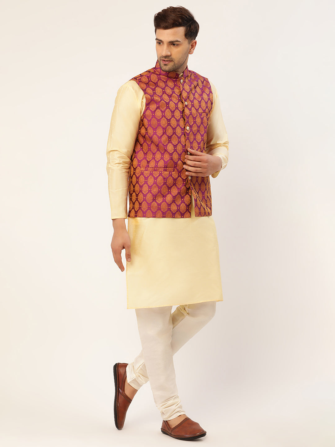 Jompers Men's Woven Design Nehru Jacket and Kurta Pyjama Set - Pink