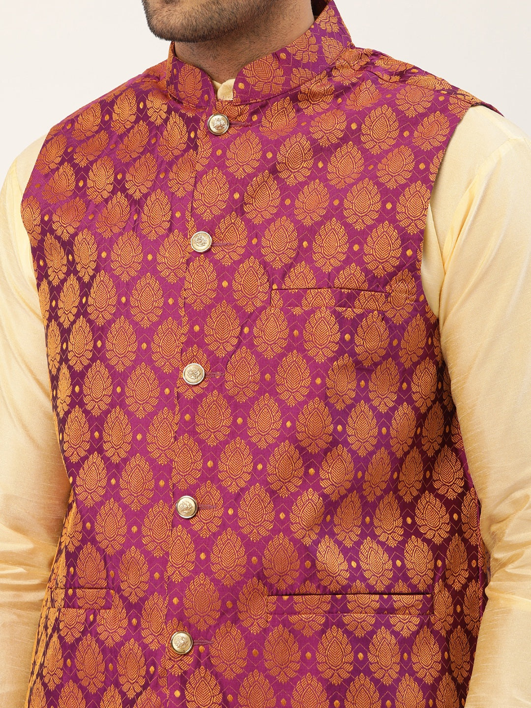 Jompers Men's Woven Design Nehru Jacket and Kurta Pyjama Set - Pink