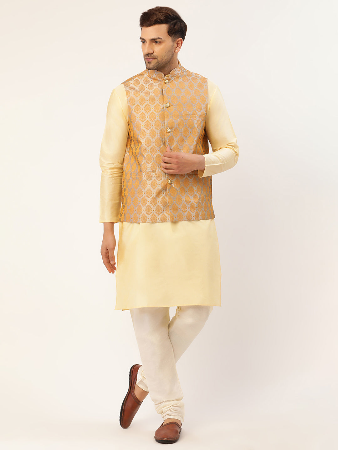 Jompers Men's Woven Design Nehru Jacket and Kurta Pyjama Set - Silver