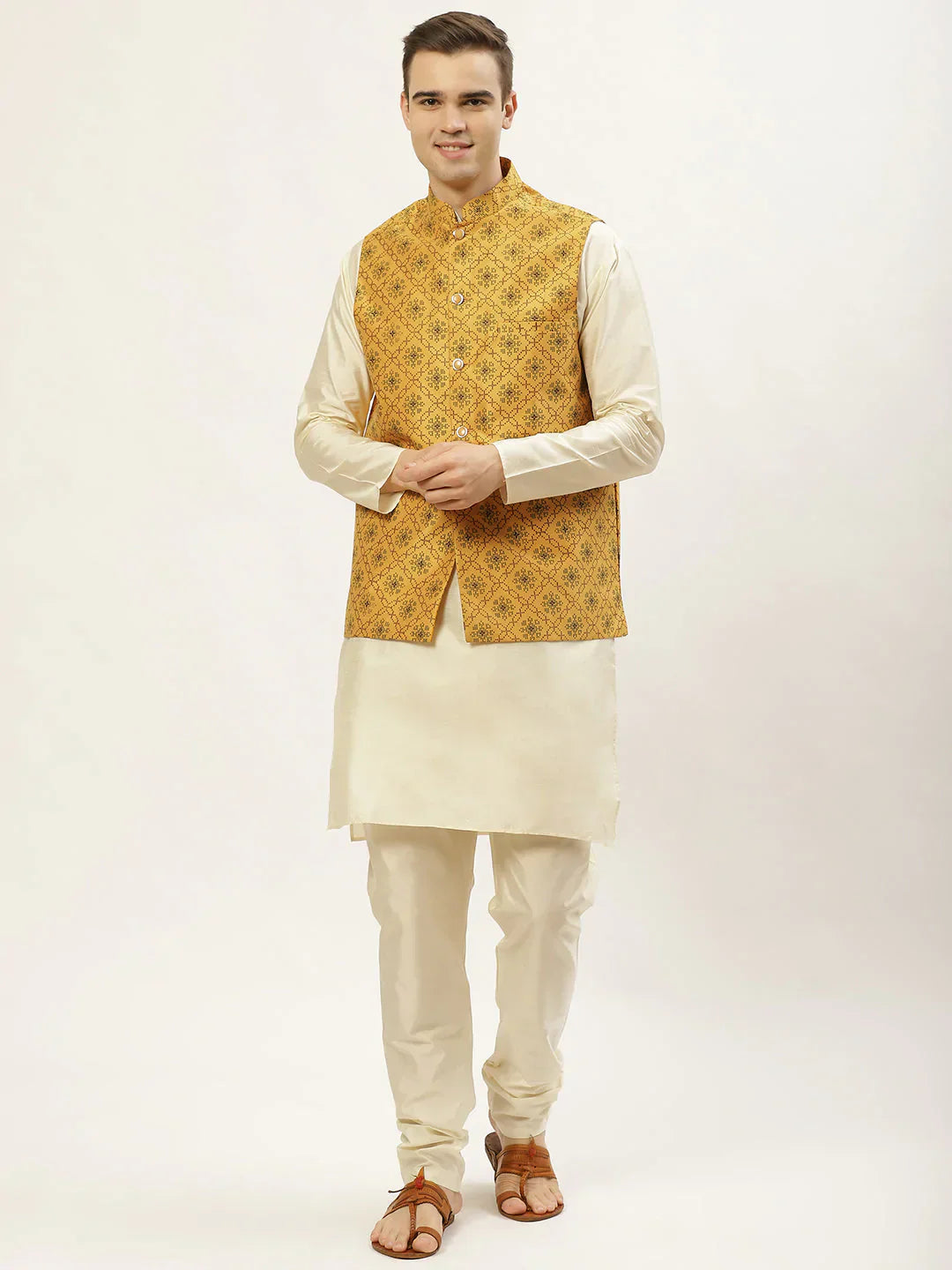 Jompers Men's Printed Nehru Jacket and Kurta Pyjama Set - Mustard