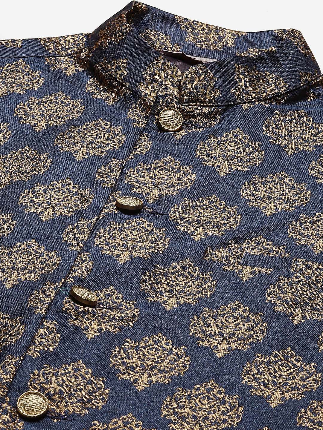 Jompers Men's Solid Kurta Pyjama With Floral Navy Printed Nehru Jacket