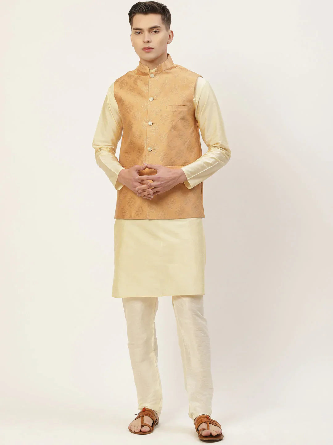 Jompers Men's Solid Kurta Pyjama With Floral Peach Printed Nehru Jacket