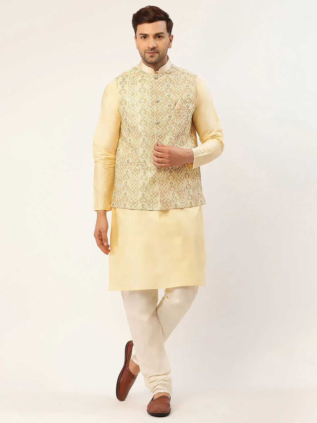 Jompers Men's Solid Kurta Pyjama With Cream Embroidered Nehru Jacket