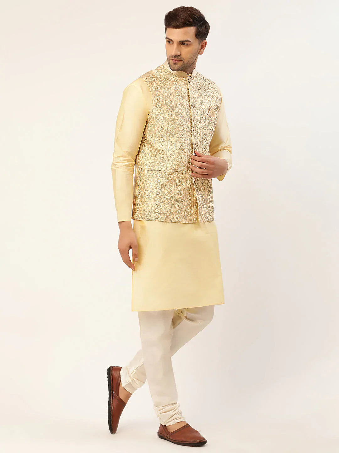 Jompers Men's Solid Kurta Pyjama With Cream Embroidered Nehru Jacket
